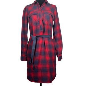 J. Crew Sz XXS Long-Sleeve Flannel Shirt Dress Red Navy Checkered 100% Cotton